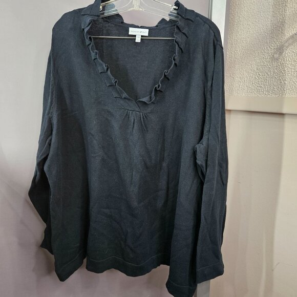 Women Sweater Top Shirt Plus 4X Black Ruffle Pull Over Thin V Neck Long Sleeve - Picture 1 of 8